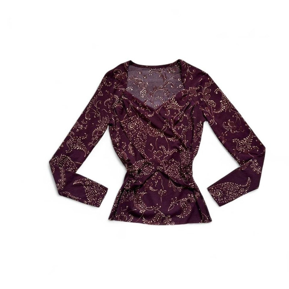 VTG y2k ruched v neck berry gold floral pattern‎ longsleeve top fairy burgandy